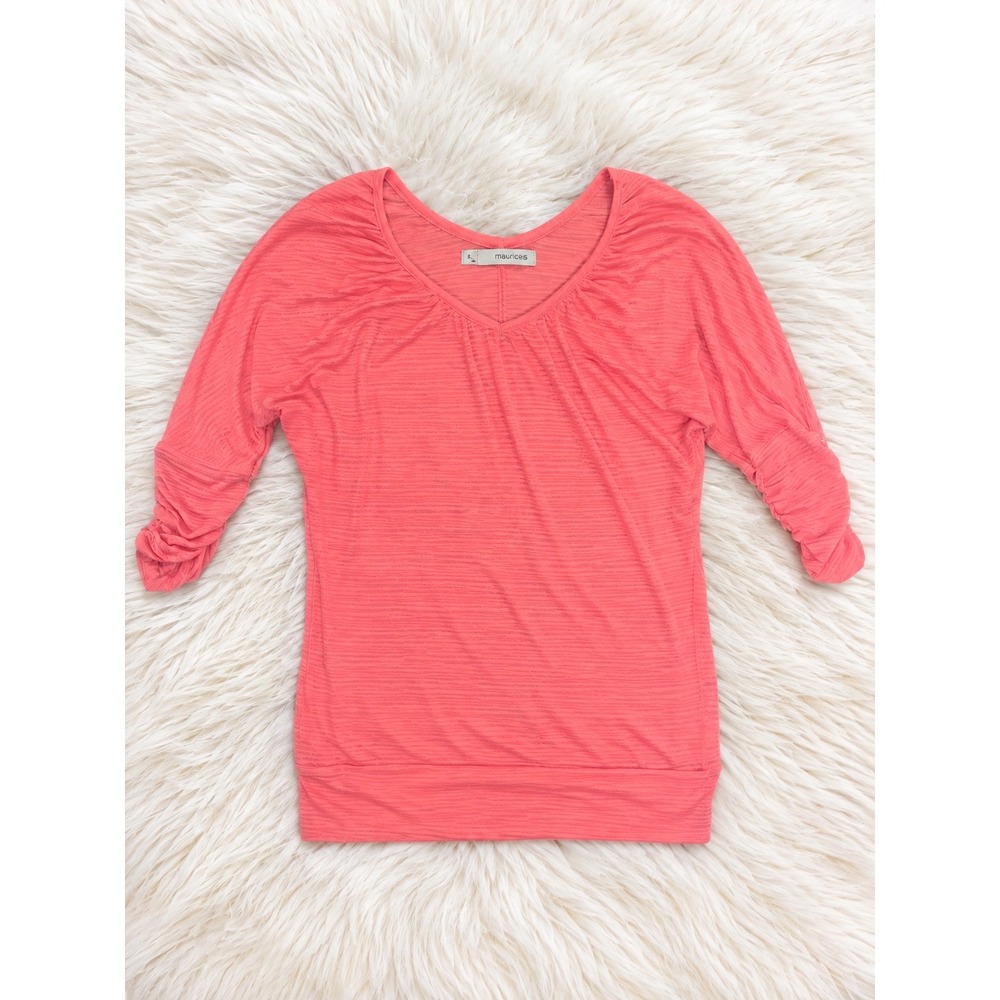 Maurices Coral Pink Textured V Neck Top Women's Small Ruched Sleeve